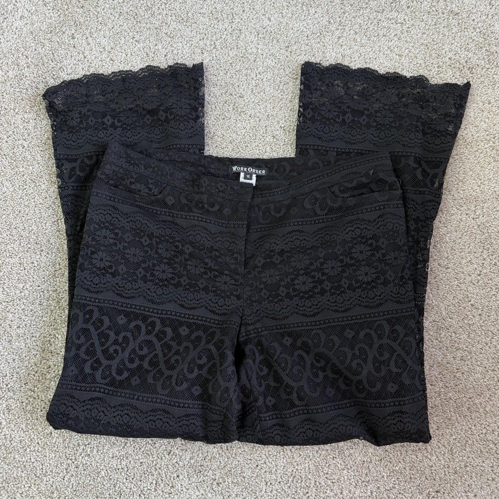 Y2K Work Order Dress Pants Womens 16 Black Lace Floral Scallop Hem Lined Formal